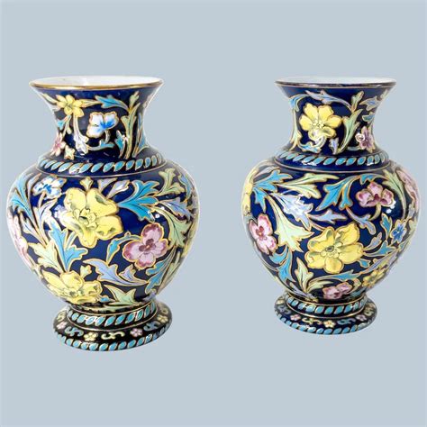 Pair Of Bohemian Moser Style Enameled Art Glass Vases Ruby Lane