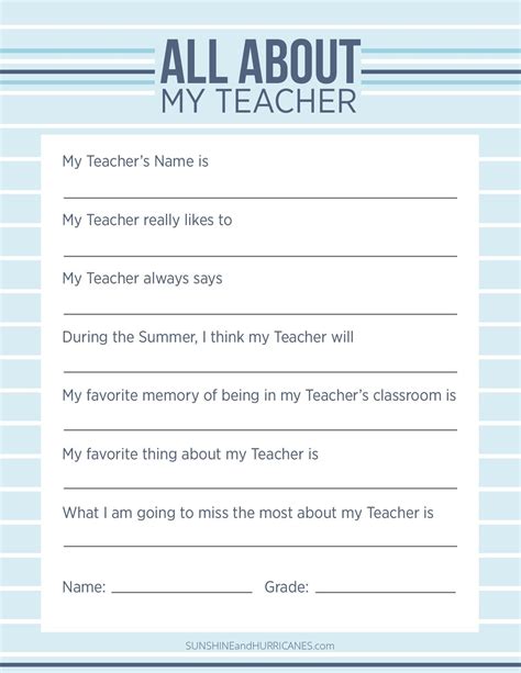 All About My Teacher Printable Questionnaire Personal T Teacher
