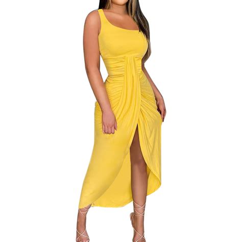 One Shoulder Dress For Women Sexy Sleeveless Ruched Long Dress Split Solid Summer Flowy Party