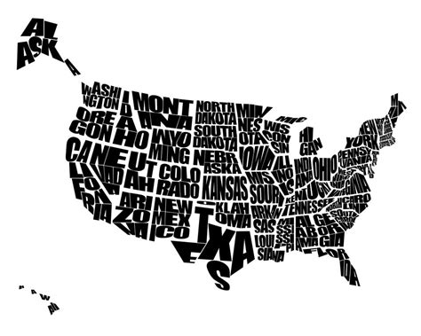 Usa Word Map A Black And White Typographic Map Of The By Inkofme