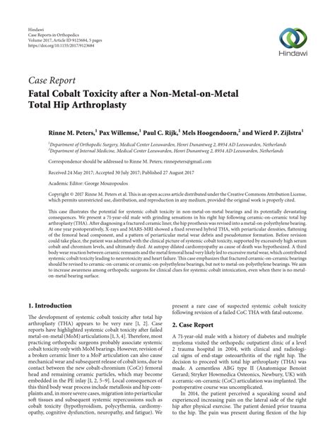 Pdf Fatal Cobalt Toxicity After A Non Metal On Metal Total Hip