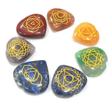 7 Piece Chakra Heart Stone Set W Reiki Engraved Symbols Chakra Set