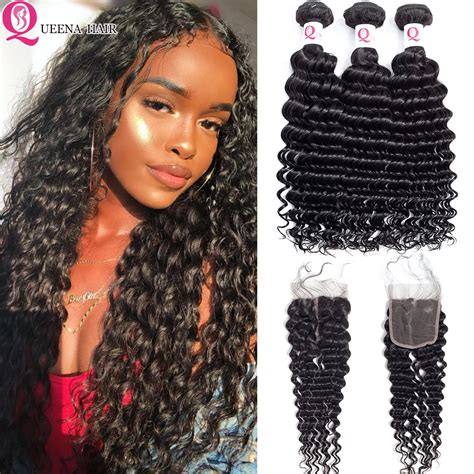Queena Best Indian Deep Wave Bundles With Closure Unprocessed Virgin Human Hair Raw Indian Curly