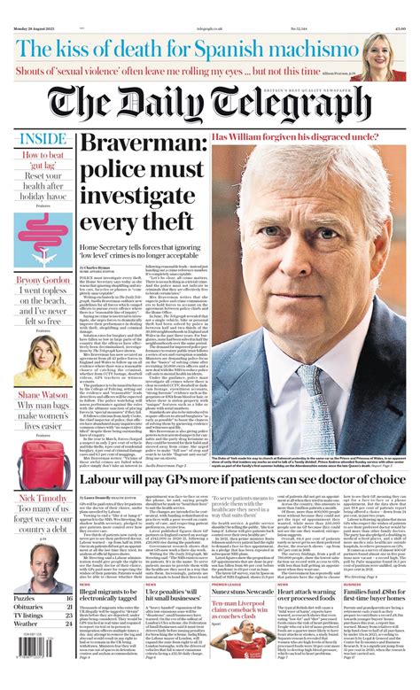 Daily Telegraph Front Page Th Of August Tomorrow S Papers Today