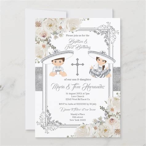 Silver Mexican Baptism And Birthday Fiesta Twin Invitation Size X