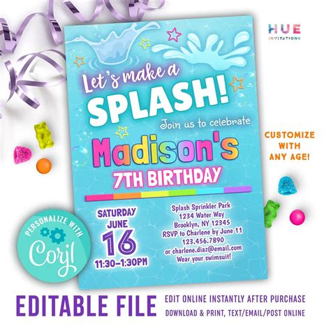 let s make a splash edit your own girls rainbow splash pad birthday invitation with this