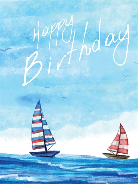 Printable Happy Birthday Digital Card Summer Watercolor Boats Sea Beach