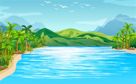 River Scene With Trees And Mountains 368769 Vector Art At Vecteezy