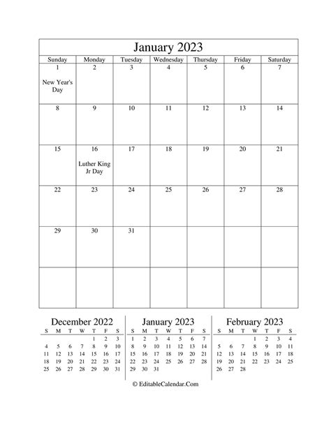 January Calendar 2023 Editable 2023 Calendar With Holidays