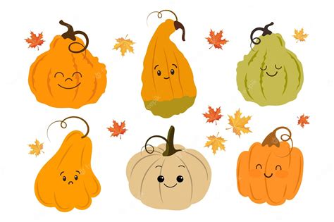 Premium Vector Set Of Cartoon Pumpkins In Flat Style On Maple Leaves