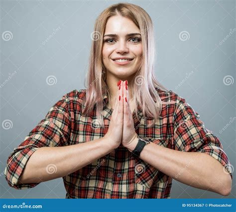 Cute Girl With Palms Together Stock Image Image Of Comfort Pretty 95134367