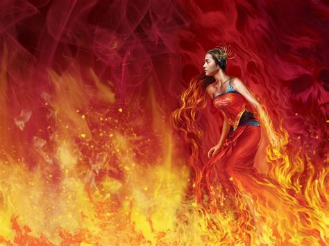 Long Hair Girl Fantasy Beautiful Dress Red Fire Wallpaper 1600x1200
