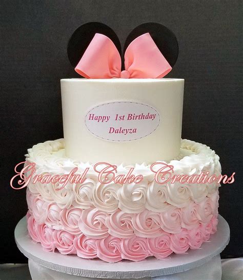 Flic Kr P 2iztuky Minnie Mouse Themed 1st Birthday Cake With Pink Ombre Rosettes