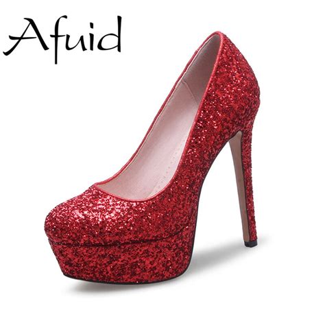 Afuid Spring Autumn Party Shoes High Heels Women Pumps Sexy Bling Pu Round Toe Shallow Mouth