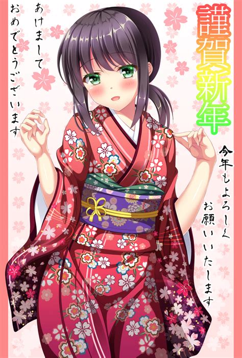Safebooru 1girl Akeome Black Hair Floral Print Fubuki Kantai Collection Green Eyes Highres