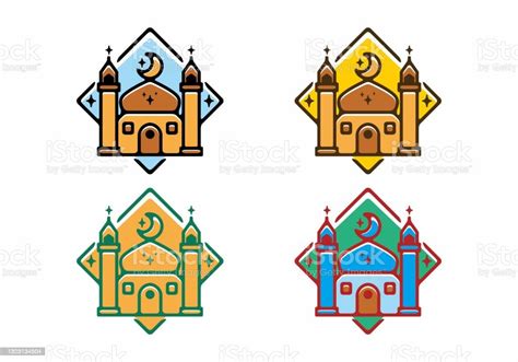 Colorful Filled Big Mosque Line Art Illustration Ramadan Theme Design