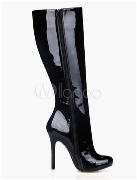 black stiletto heel knee length patent leather womens boots