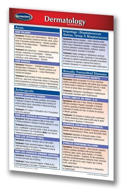 Dermatology Chart Laminated Pocket Chart Quick Reference Guide