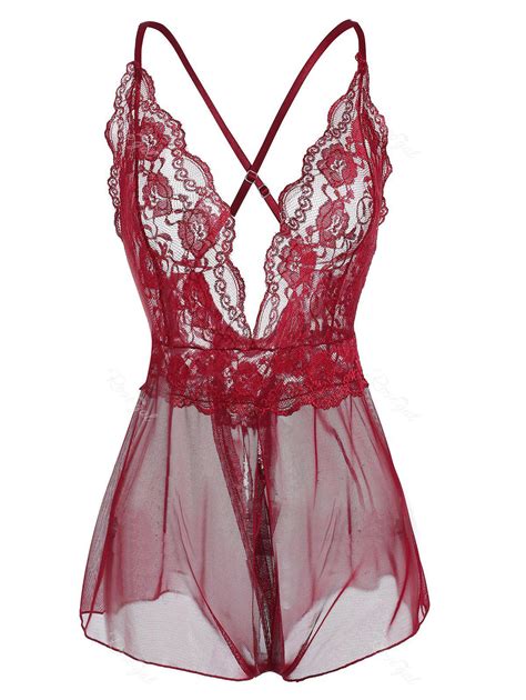 Off Plus Size Sheer Slit Lingerie Teddy With Lace Rosegal