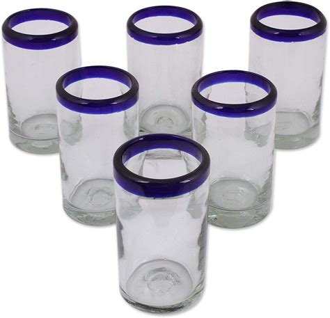 Novica Artisan Crafted Hand Blown Clear Blue Rim Recycled Glass Juice Glasses 4