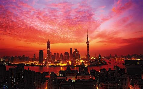 City Town Urban Shanghai Sunset Skyscraper