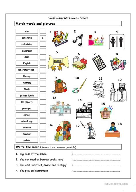 Vocabulary Matching Worksheet School English Esl