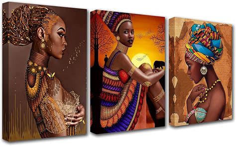 لوحة فنية جدارية من القماش بتصميم امراة افريقية لديكور غرفة المعيشة مكونة من 3 قطع، لوحات زيتية