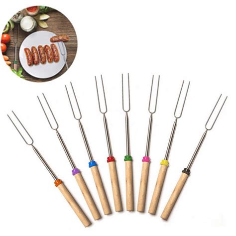 Stretchable Bbq Forks Camping Campfire Stainless Steel Wooden Handle