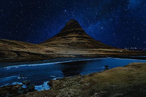 Mountain Under Starry Night Landscape Photography Hill River Starry