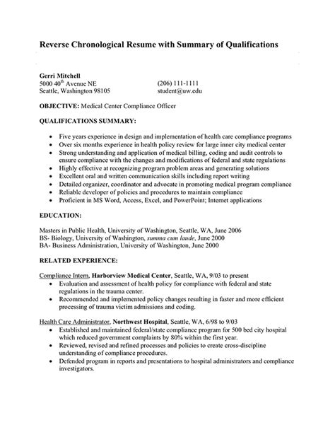 In contrast, the chronological résumé format will briefly highlight these competencies prior to presenting a comprehensive timeline of career growth through reverse chronological listings, with the most recent experience listed first. Reverse Chronological Resume Template - Collection - Letter Templates