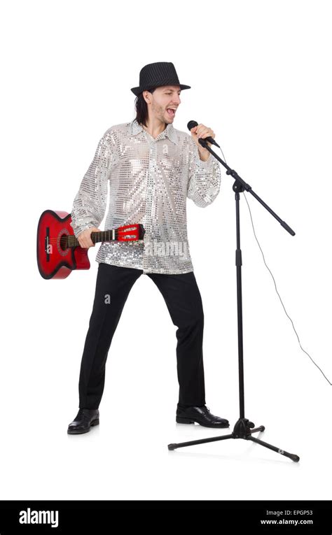 Man Playing Guitar And Singing Isolated On White Stock Photo Alamy