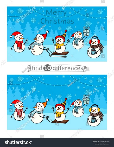 Find 10 Differences Snowmen Logic Puzzle Vetor Stock Livre De