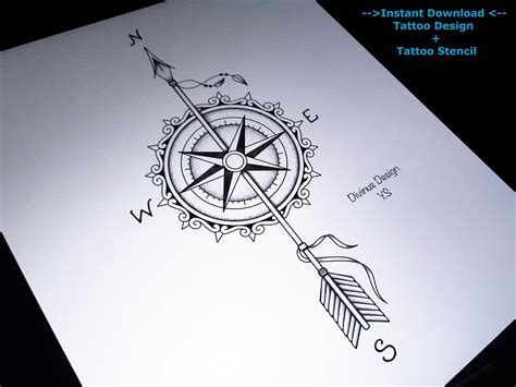 Compass Rose And Arrow Tattoo Design And Stenciltemplate Etsy Canada