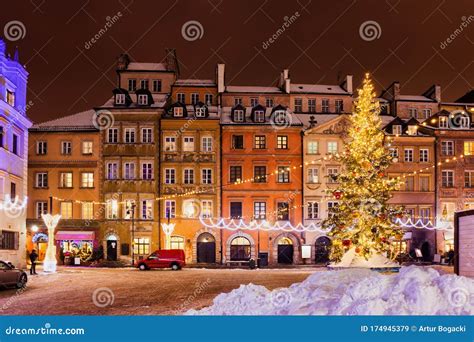 Winter Night In City Of Warsaw During Christmas Holiday Stock Image
