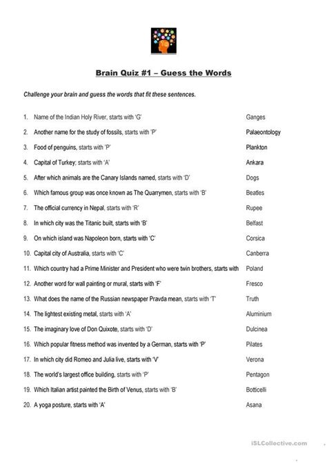 Brain Quiz 1 Guess The Words Worksheet Free Esl Printable Worksheets