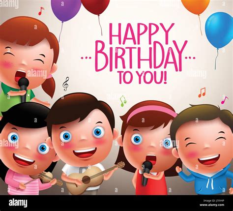 Kids Vector Characters Singing Happy Birthday And Happy Playing Musical