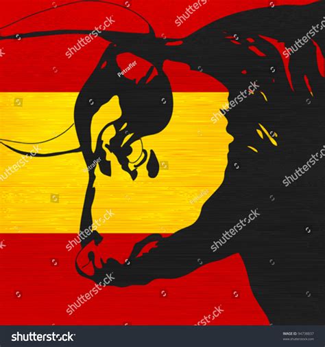 Spanish Bull, Black Bovine Head Over The Flag Of Spain Stock Vector ...