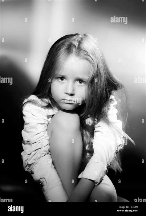 Emotional Portrait Of Cute Little Girl With Long Hair Vintage Style