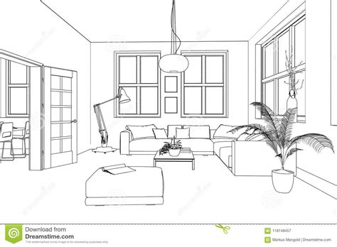 Interior Design Living Room Custom Drawing Stock