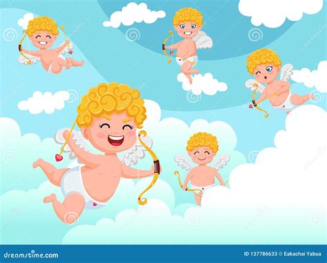Cupid Angels Characters Flying With Bow And Arrow Clouds Background