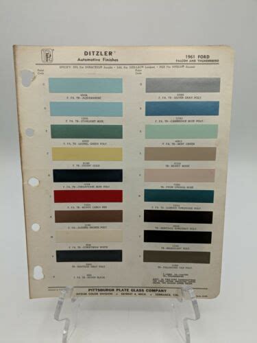 1961 Ford Falcon And Thunderbird Ditzler Ppg Color Chip Paint Sample Page