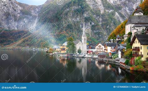 Scenic View Of Famous Hallstatt Mountain Village With Hallstatter Lake