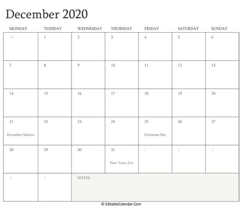 Editable Calendar December 2020