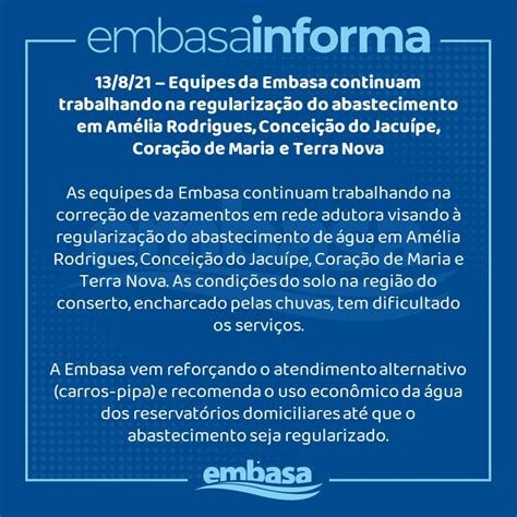 Equipes Da Embasa Continuam Trabalhando Na Regulariza O Do