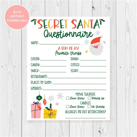 Secret Santa Questionnaire Printable 8x10 Christmas Holiday Etsy