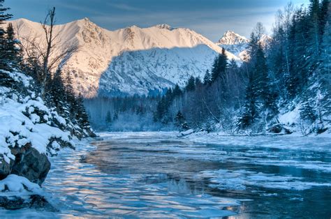 Alaska River Winter Mountain Forest Landscape Wallpaper 4287x2847