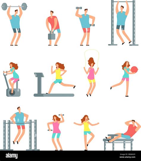 Woman And Man Doing Various Sports Exercises With Gym Equipment