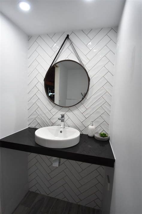 A New Downstairs Powder Room Is Now Complete Featuring A Herringbone