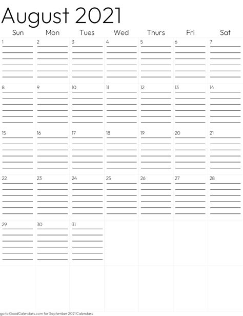 Lined August 2021 Calendar Template In Portrait