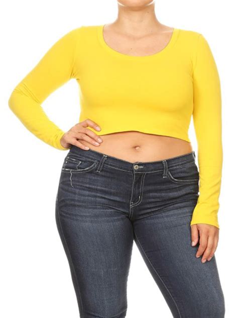 MOA COLLECTION Women S Basic Solid Casual Long Sleeve Plus Size Cropped